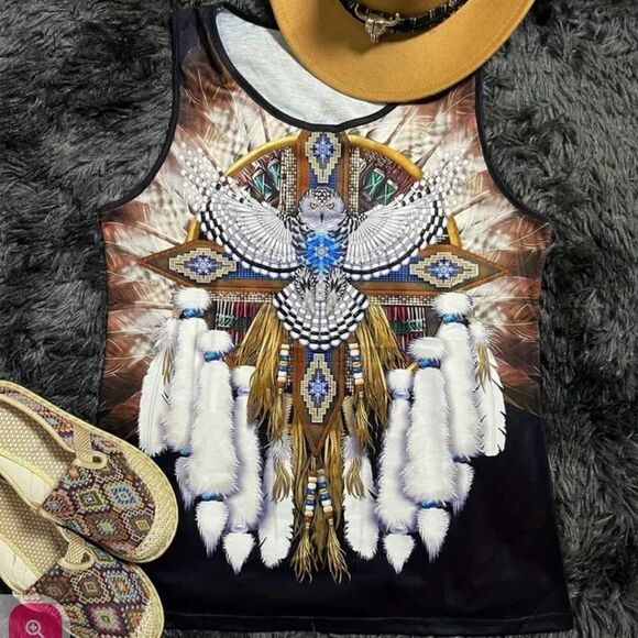 ALWAYSINSTYLE Tops - Women's Sleeveless Feather Dreamcatcher Tank Top - White & Brown